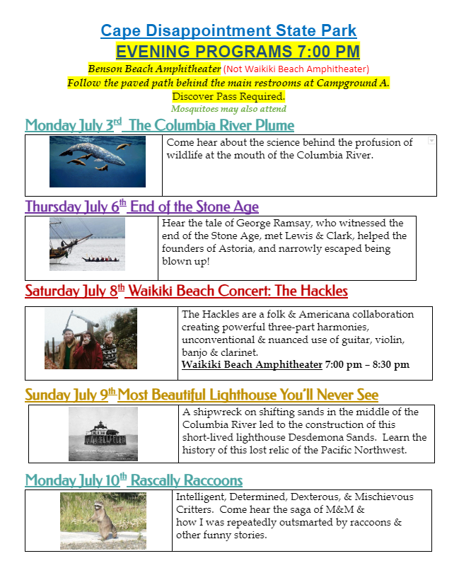 Cape Disappointment Evening Programs